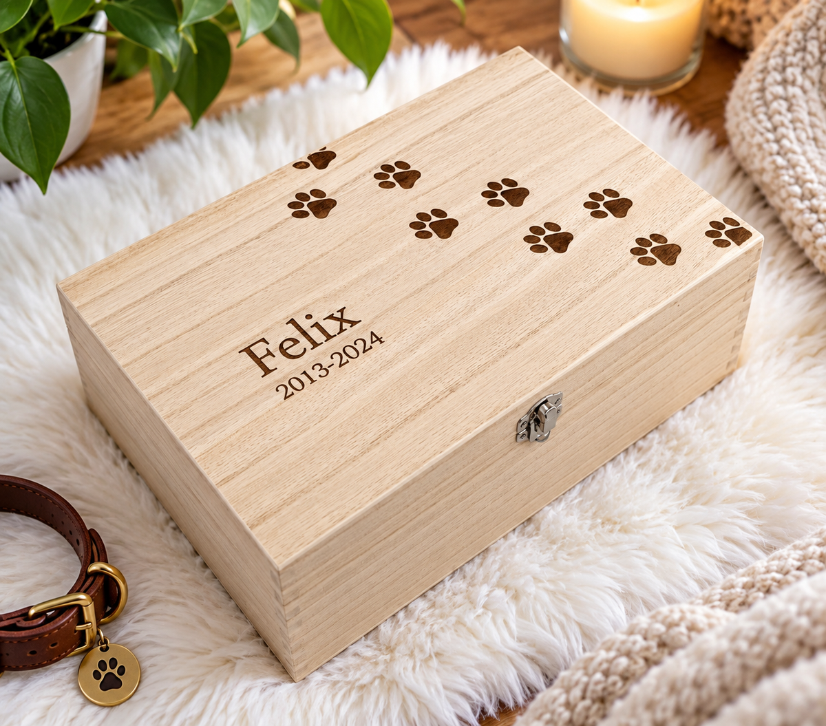 Pet Memorial Memory Wooden Engraved Box Keepsakes Paw Bold