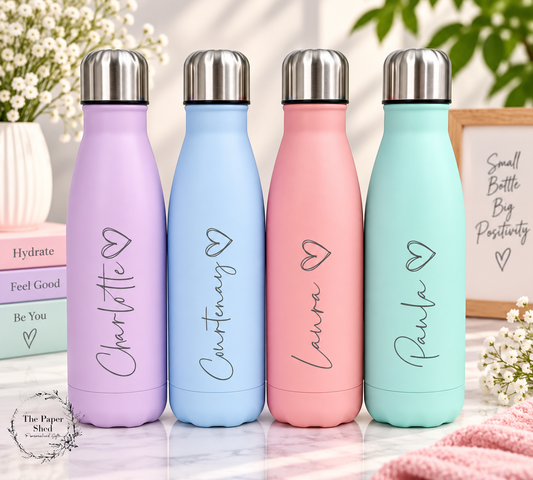 Personalised name thermal water bottle engraved with heart