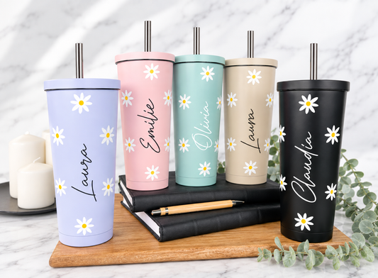 Pastel tall 600ml insulated personalised tumbler with lid and straw daisy
