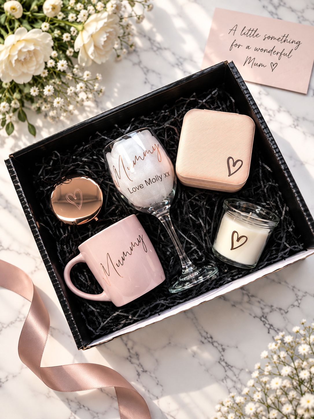 Mother's Day Mum Mummy Hamper Gift Set - Personalised Special Mothers Present -Wine glass-mug-candle- For Her-message-heart