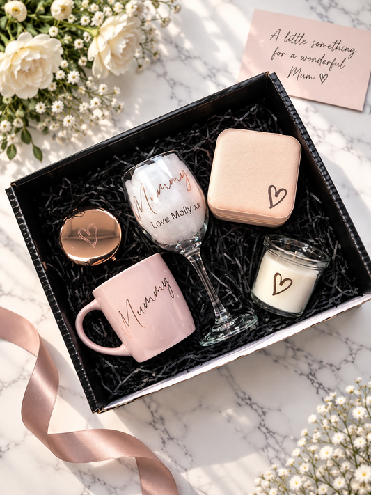 Mother's Day Mum Mummy Hamper Gift Set - Personalised Special Mothers Present -Wine glass-mug-candle- For Her-message-heart