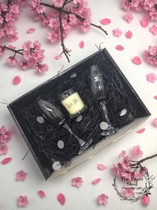 Engagement Gift Hamper He asked and She said yes, Proposal Couple Gift Wedding Engaged Engraved Champagne flutes