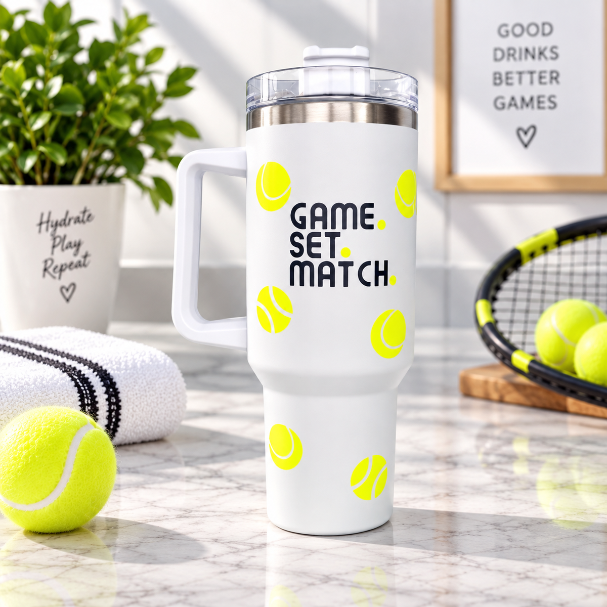 The Tennis Collection, Thermal Mug, 40 oz Cup, Bottle, Travel Mug, Gift, Game Set Match, Supporter