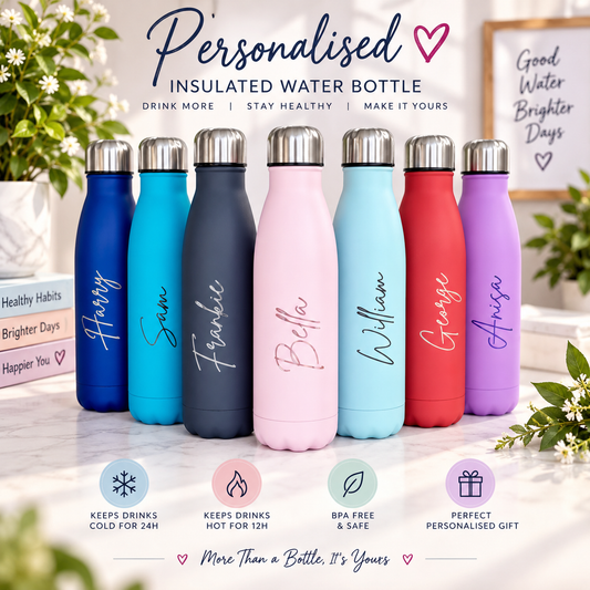 500ml Thermal Personalised Name Water Bottle Metallic Writing School - Script Font V1 Version 1
