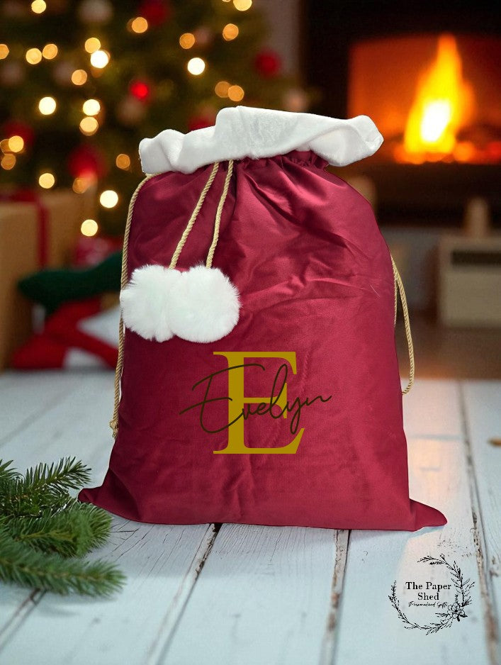 Christmas Velvet Santa Sack Big Initial Personalised Name, Toys and Presents, Christmas Eve Gifts