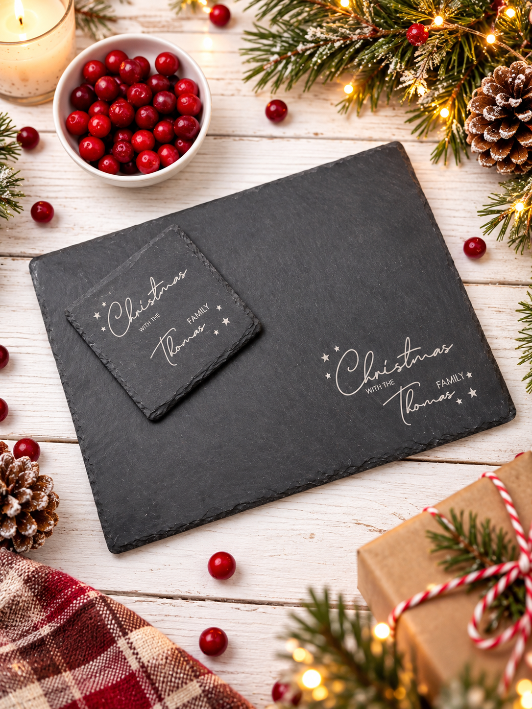 Engraved personalised Family Christmas Slate Placemats and Drinks Coaster Sets Festive Dinner Table