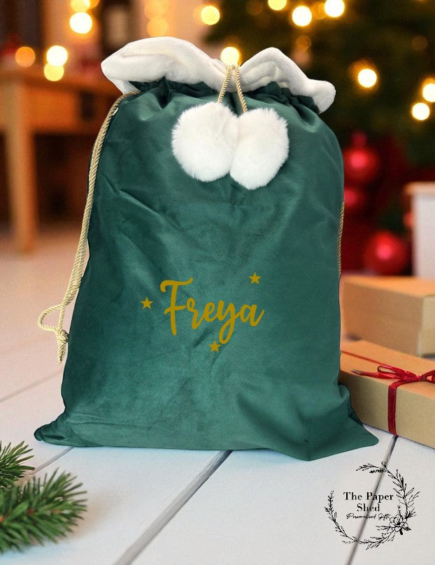 Santa Sack Velvet Christmas Eve Personalised, Presents and Gifts, Stars and Name