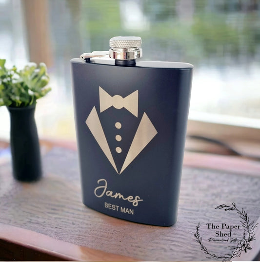 Wedding Usher Best Man Engraved Hip Flask, Choose Your Own Words Suit