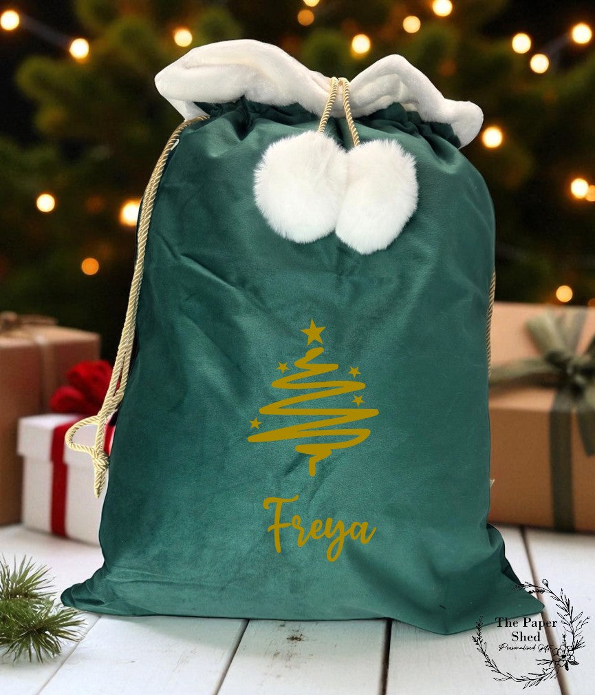 Christmas Velvet Personalised Santa Sack, Christmas Eve Gifts Presents, Christmas Tree with Name