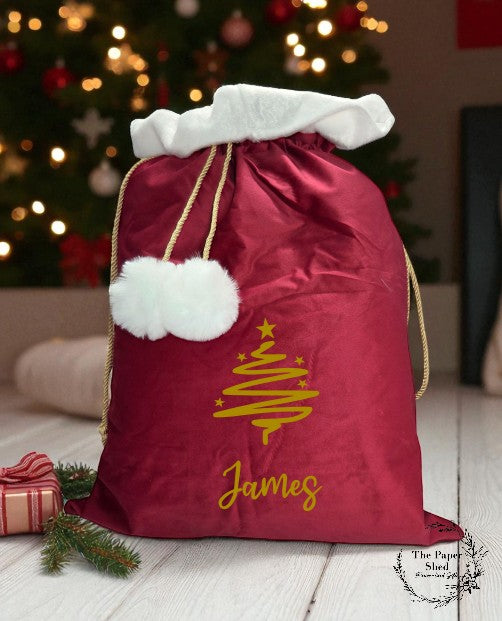 Christmas Velvet Personalised Santa Sack, Christmas Eve Gifts Presents, Christmas Tree with Name