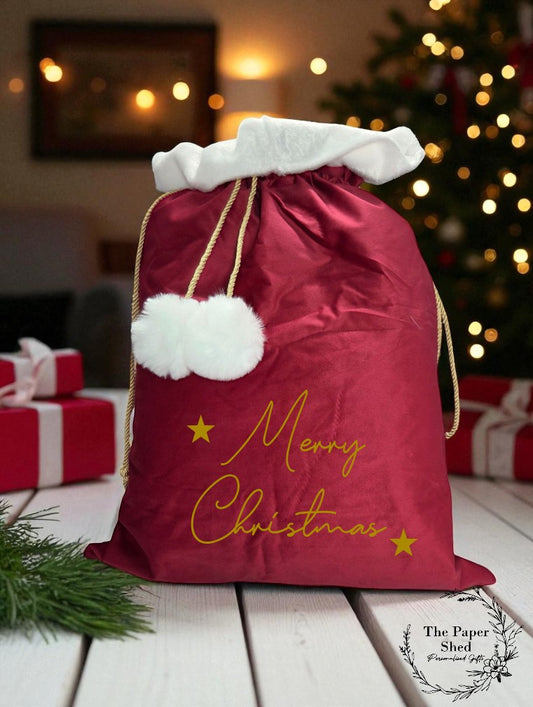 Merry Christmas Luxury Velvet Santa Sack with Stars, Stocking, Christmas Eve Gifts