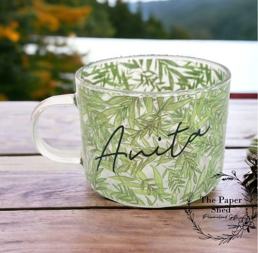 Personalised Drink Mug with Name Botanical Leaf Pattern Bamboo