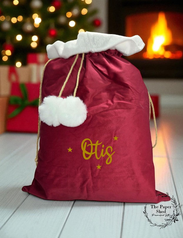 Santa Sack Velvet Christmas Eve Personalised, Presents and Gifts, Stars and Name