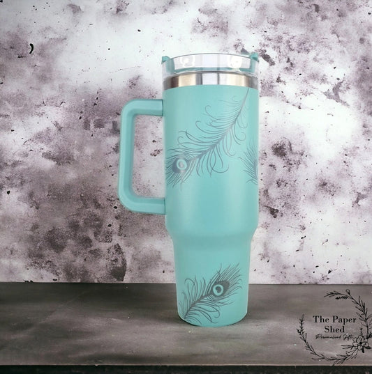 Engraved Peacock Feather Pattern Travel Mugs Personalised 40oz Cups