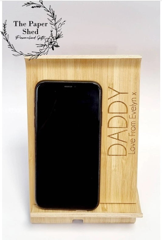 Engraved bamboo fathers day personalised phone stand