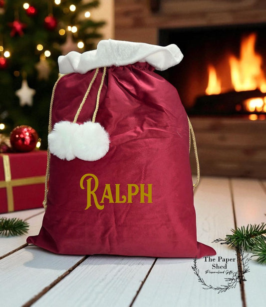 Christmas Velvet Personalised Santa Sack, Stocking, Gifts Presents, Named, Traditional Elf Workshop Font Family Christmas Eve