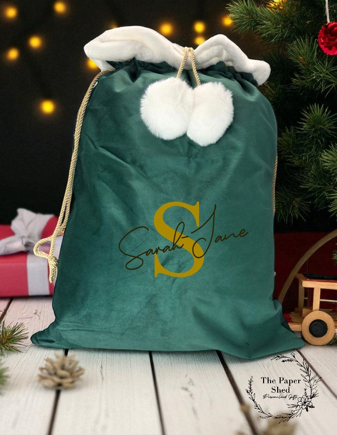 Christmas Velvet Santa Sack Big Initial Personalised Name, Toys and Presents, Christmas Eve Gifts