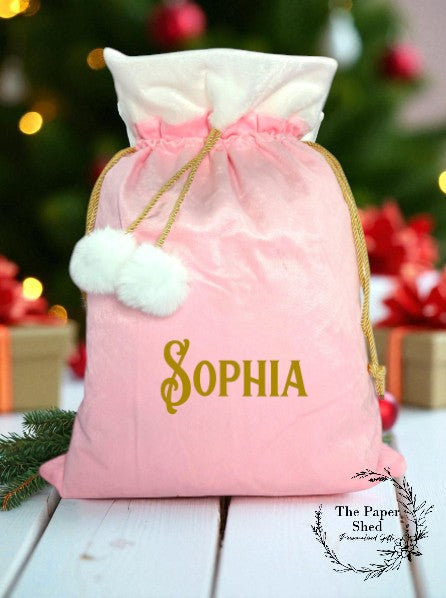 Christmas Velvet Personalised Santa Sack, Stocking, Gifts Presents, Named, Traditional Elf Workshop Font Family Christmas Eve