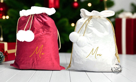 Christmas Santa Sacks PAIR Velvet Luxury Mr & Mrs Couple Engagement Married Presents Gift 2 x Sacks