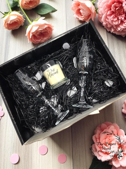 Just Married Wedding Day Gift Hamper, My & Mrs,  Couple Gift Wedding, Engraved Champagne flutes glasses, candle, Hamper, Gift Set